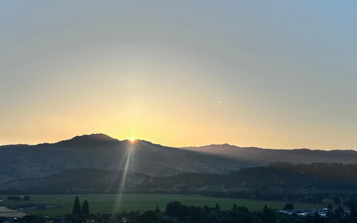 Erstes Licht hinter den Hügeln am Rand des Napa Valley mit tiefem Nebel über den Rebzeilen